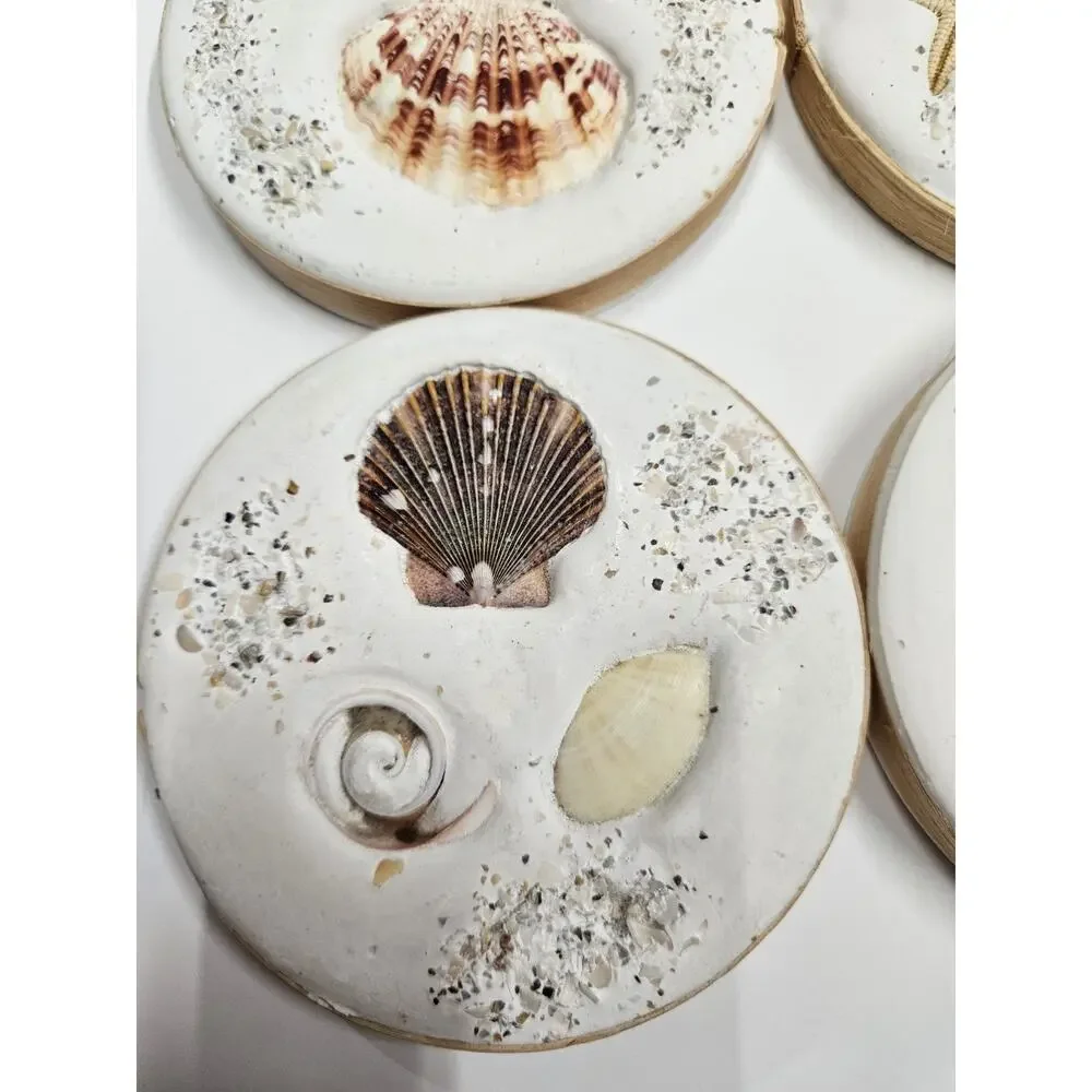 4 Beach Coasters Coastal Decor Seashells Sand Sea Glass 4.25” Round Cork Back